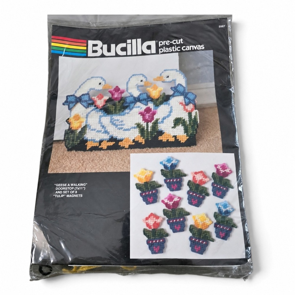 Vintage Bucilla 5967 Geese A Walking Doorstop Tulip Magnets Plastic Canvas Kit